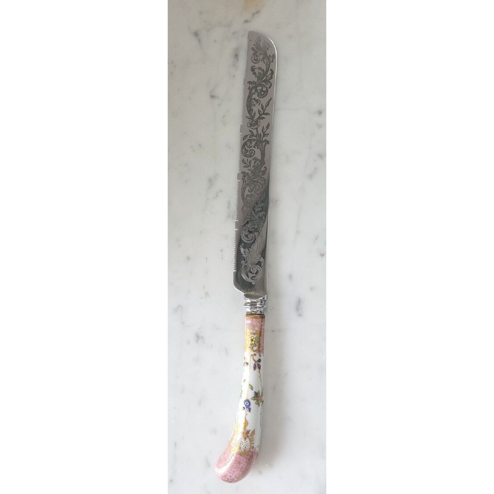 Sheffield England Engraved Stainless Cake Bread Knife Floral Porcelain Handle
